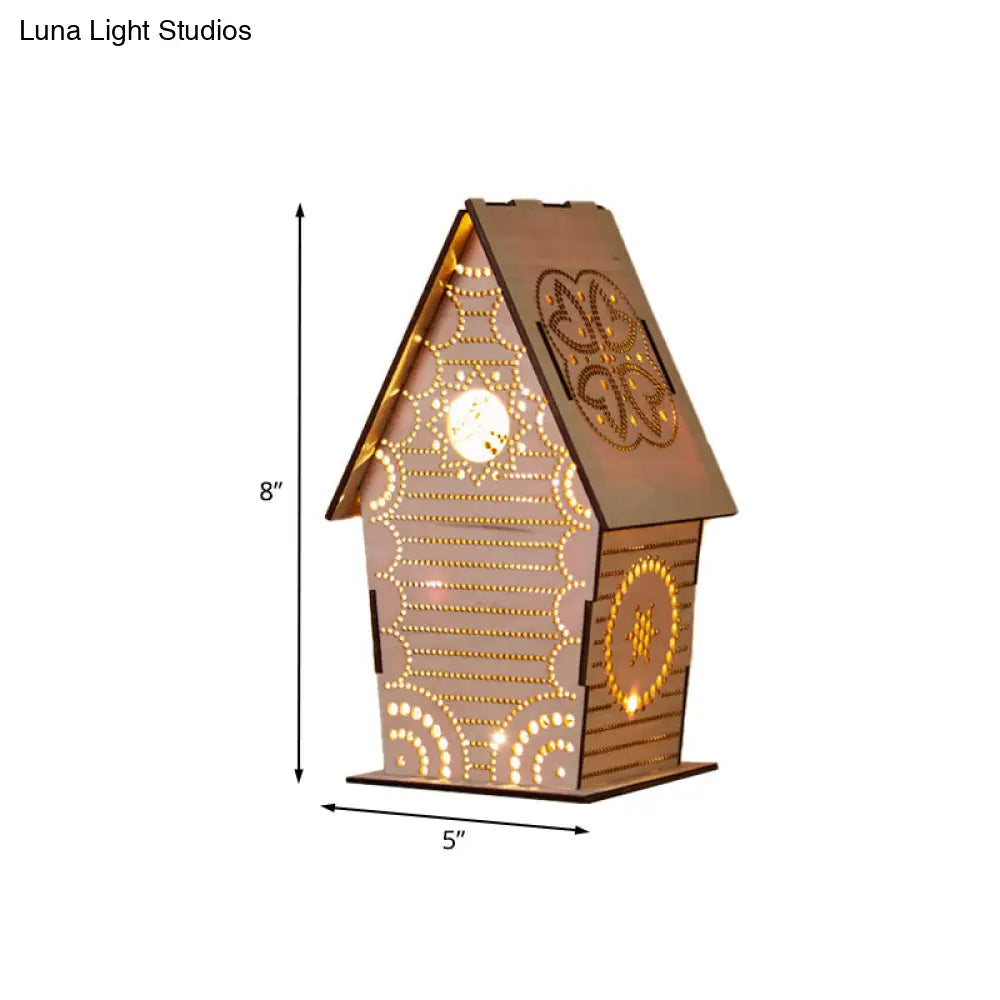 Kids Wooden Usb Led Table Night Light With Loving Heart/Star/Flower Pattern - Brown Lodge Small Size