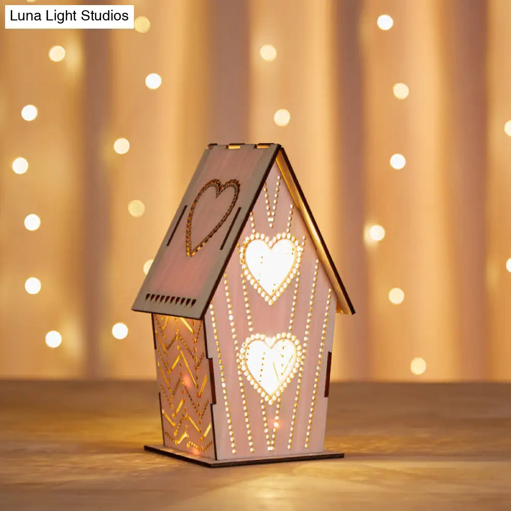 Kids Wooden Usb Led Table Night Light With Loving Heart/Star/Flower Pattern - Brown Lodge Small Size