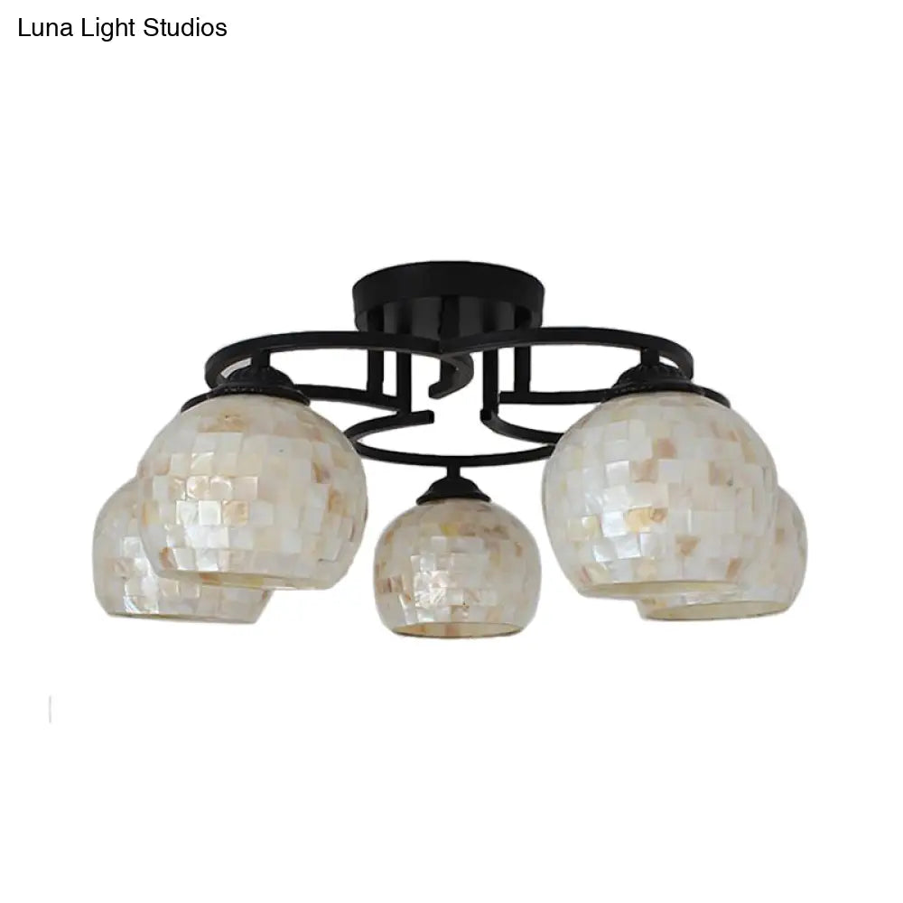 Kitchen Semi Flush Tiffany Beige/White Ceiling Light With Dome Shell Shade - 5 Lights White