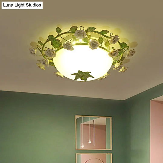 Korean Flower Led Glass Bowl Ceiling Light For Bedroom Semi Flush Mount 16/19.5 Wide In White