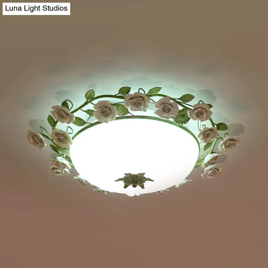 Korean Flower Led Glass Bowl Ceiling Light For Bedroom Semi Flush Mount 16/19.5 Wide In White