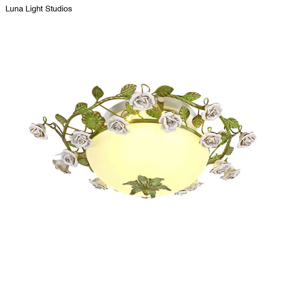 Korean Flower Led Glass Bowl Ceiling Light For Bedroom Semi Flush Mount 16/19.5 Wide In White