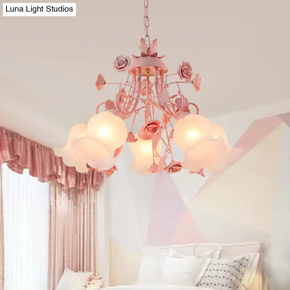 Korean Flower Metal Rose Chandelier Lamp - 5 Lights Pink Suspension Lighting For Living Room