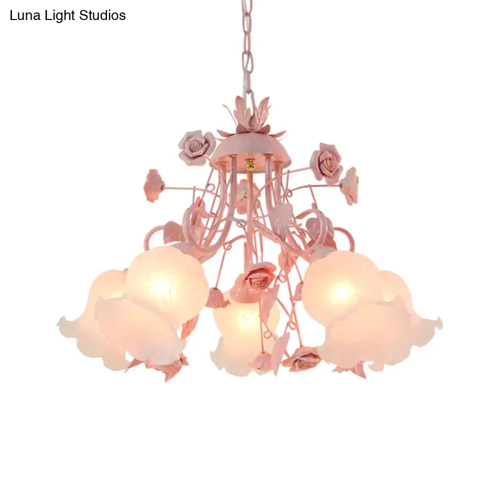 Korean Flower Metal Rose Chandelier Lamp - 5 Lights Pink Suspension Lighting For Living Room