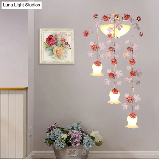 Korean Flower White Glass Wall Lamp - 5-Head Draping Sconce Lighting For Living Room