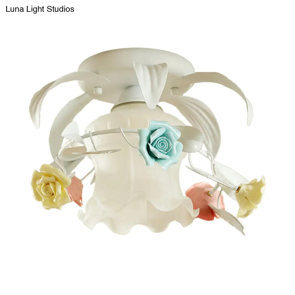 Korean Flower White/Green Frosted Glass Semi - Mount Ceiling Lamp With Single Flounce Trim
