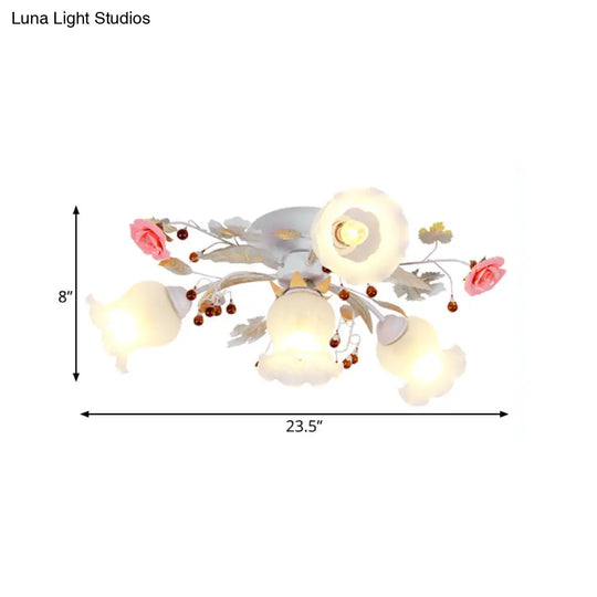 Korean Garden Bloom Semi Flush Mount Light Fixture - White Glass Ideal For Dining Room 4/6/9 Bulbs