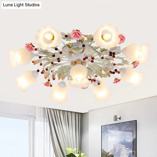 Korean Garden Bloom Semi Flush Mount Light Fixture - White Glass Ideal For Dining Room 4/6/9 Bulbs 9