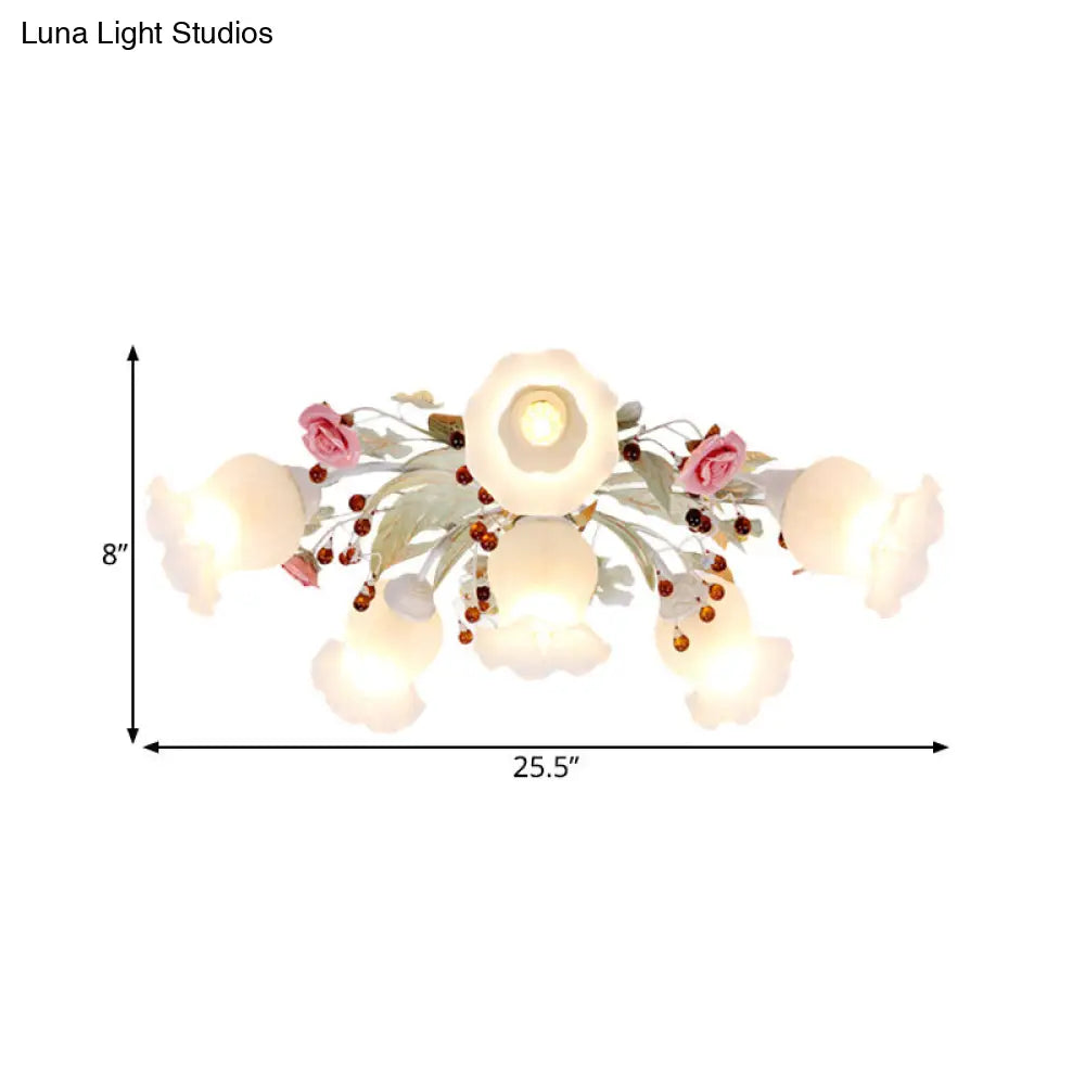 Korean Garden Bloom Semi Flush Mount Light Fixture - White Glass Ideal For Dining Room 4/6/9 Bulbs
