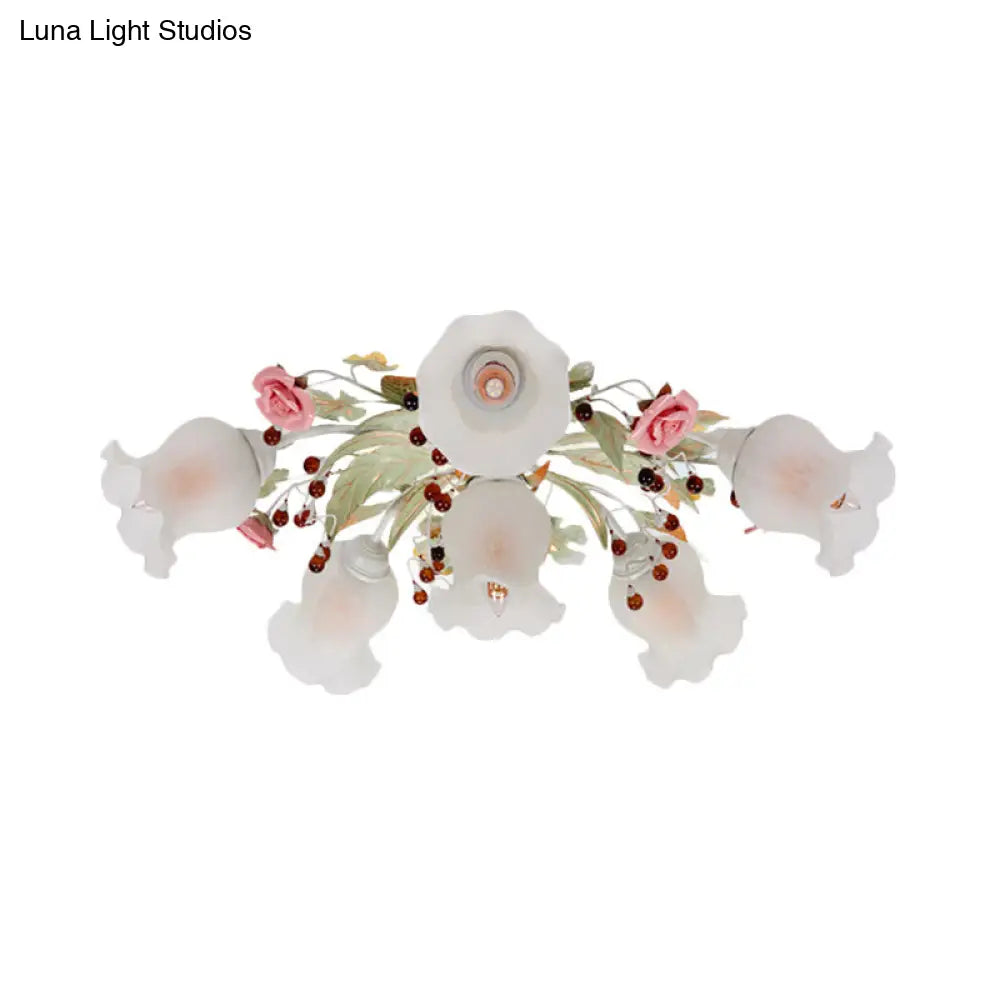 Korean Garden Bloom Semi Flush Mount Light Fixture - White Glass Ideal For Dining Room 4/6/9 Bulbs