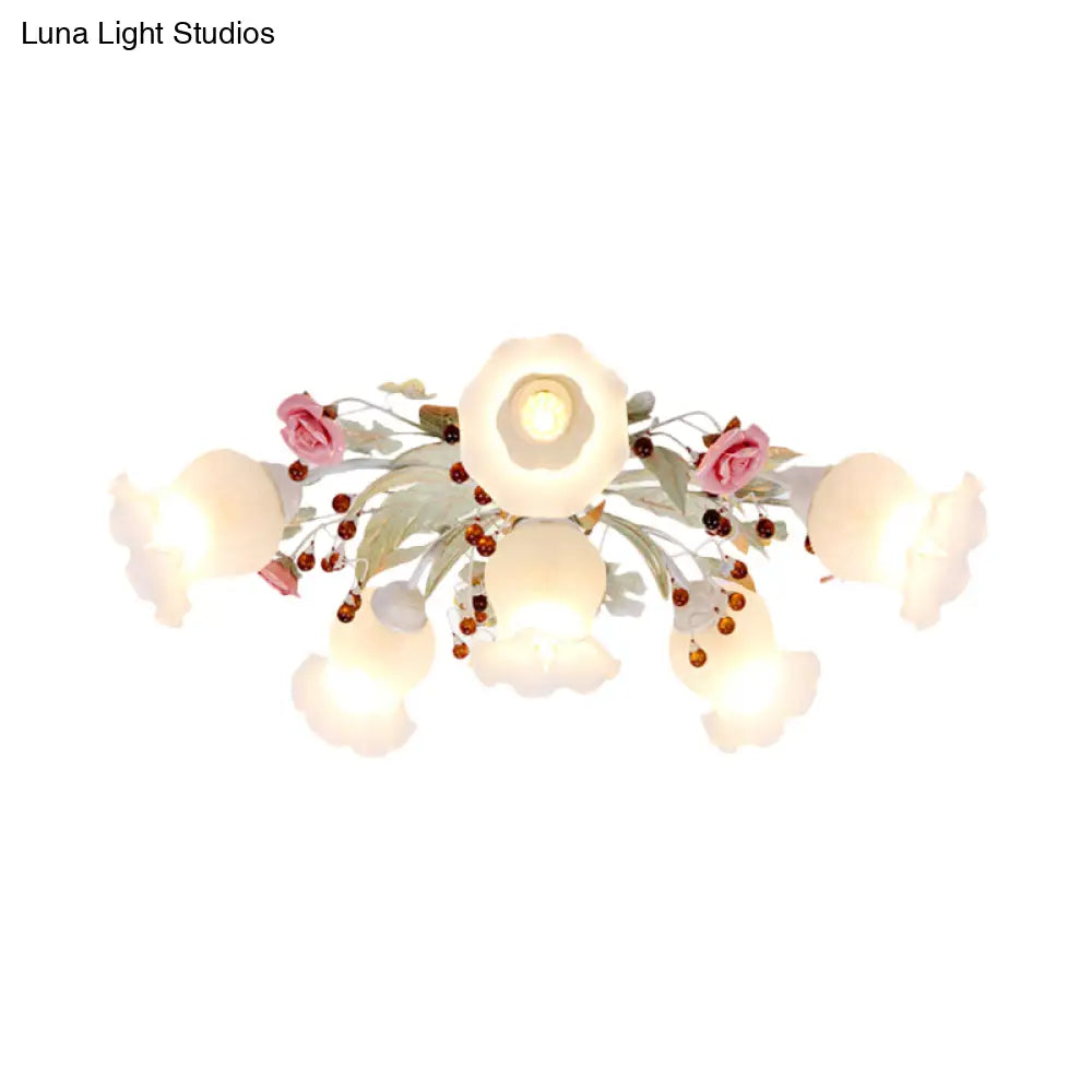 Korean Garden Bloom Semi Flush Mount Light Fixture - White Glass Ideal For Dining Room 4/6/9 Bulbs