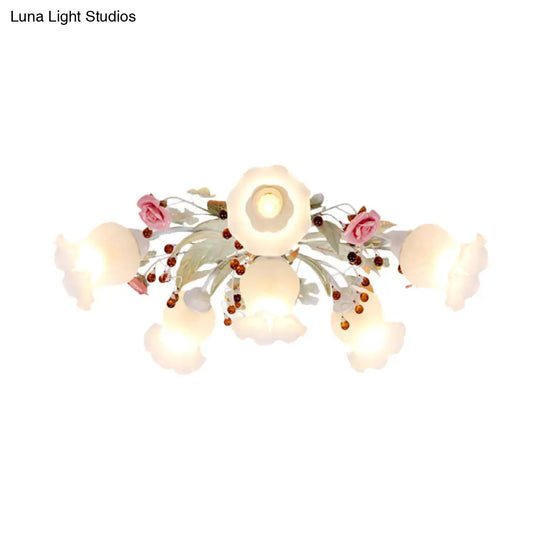 Korean Garden Bloom Semi Flush Mount Light Fixture - White Glass Ideal For Dining Room 4/6/9 Bulbs