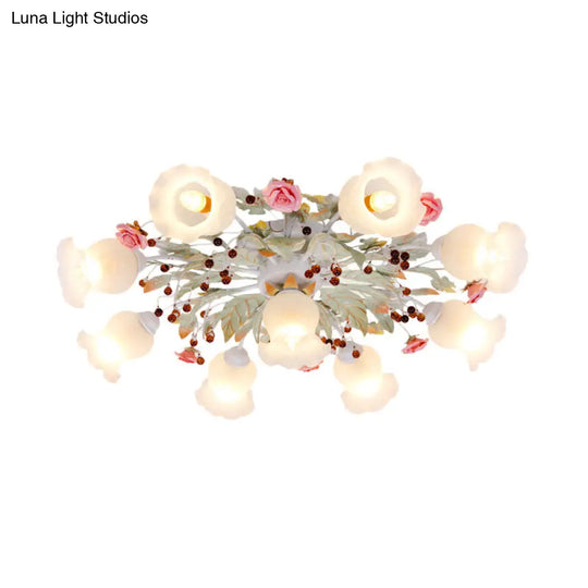 Korean Garden Bloom Semi Flush Mount Light Fixture - White Glass Ideal For Dining Room 4/6/9 Bulbs