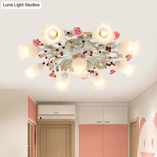 Korean Garden Bloom Semi Flush Mount Light Fixture - White Glass Ideal For Dining Room 4/6/9 Bulbs