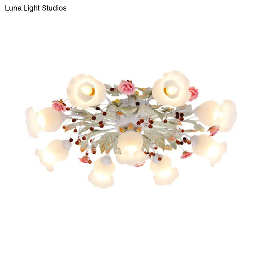 Korean Garden Bloom Semi Flush Mount Light Fixture - White Glass Ideal For Dining Room 4/6/9 Bulbs