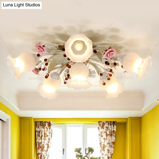 Korean Garden Bloom Semi Flush Mount Light Fixture - White Glass Ideal For Dining Room 4/6/9 Bulbs 6