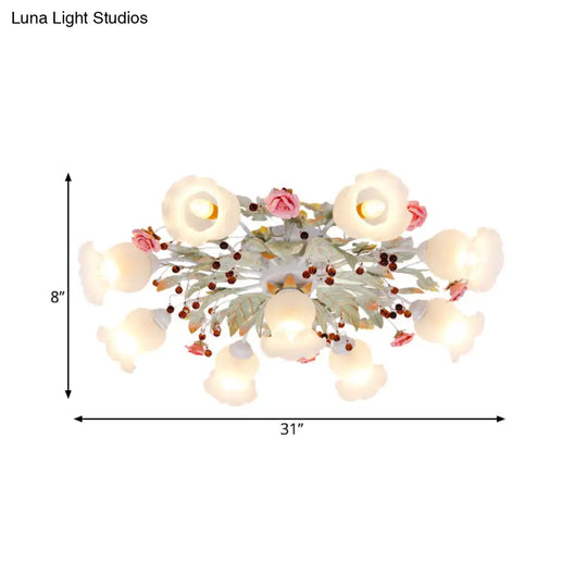Korean Garden Bloom Semi Flush Mount Light Fixture - White Glass Ideal For Dining Room 4/6/9 Bulbs