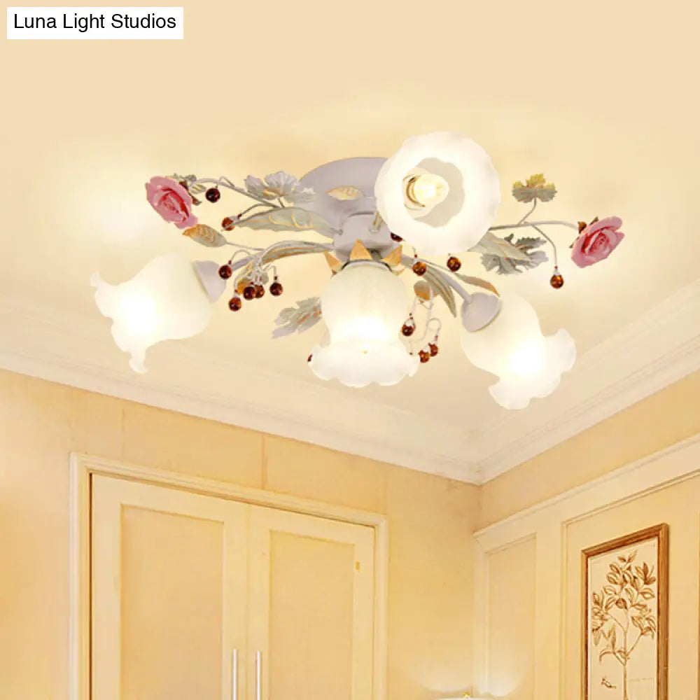 Korean Garden Bloom Semi Flush Mount Light Fixture - White Glass Ideal For Dining Room 4/6/9 Bulbs