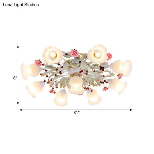 Korean Garden Bloom Semi Flush Mount Light Fixture - White Glass Ideal For Dining Room 4/6/9 Bulbs