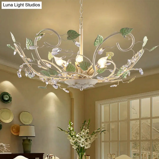 Korean Garden Bowl 6-Light Ceiling Pendant: White Iron Chandelier With Crystal Decor