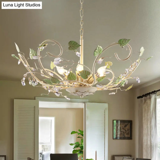 Korean Garden Bowl 6-Light Ceiling Pendant: White Iron Chandelier With Crystal Decor