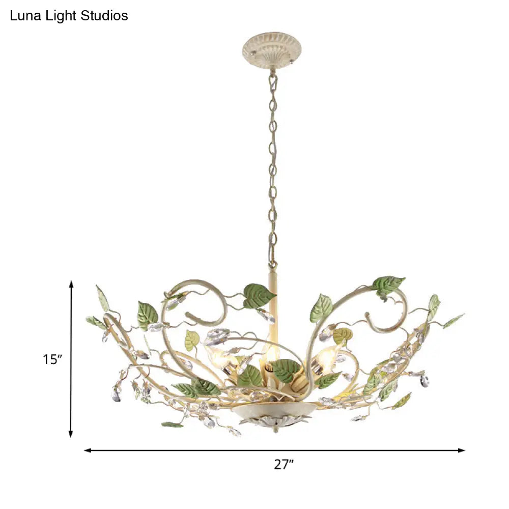Korean Garden Bowl 6-Light Ceiling Pendant: White Iron Chandelier With Crystal Decor
