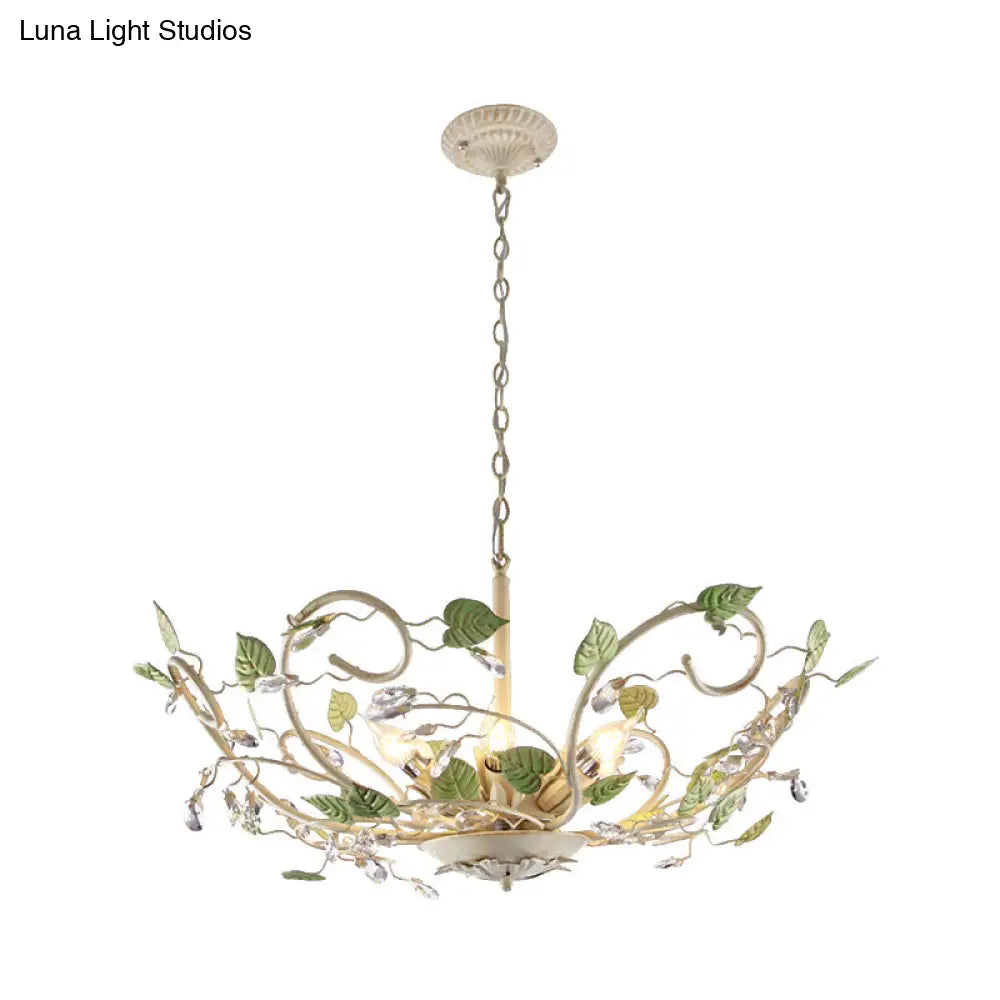 Korean Garden Bowl 6-Light Ceiling Pendant: White Iron Chandelier With Crystal Decor