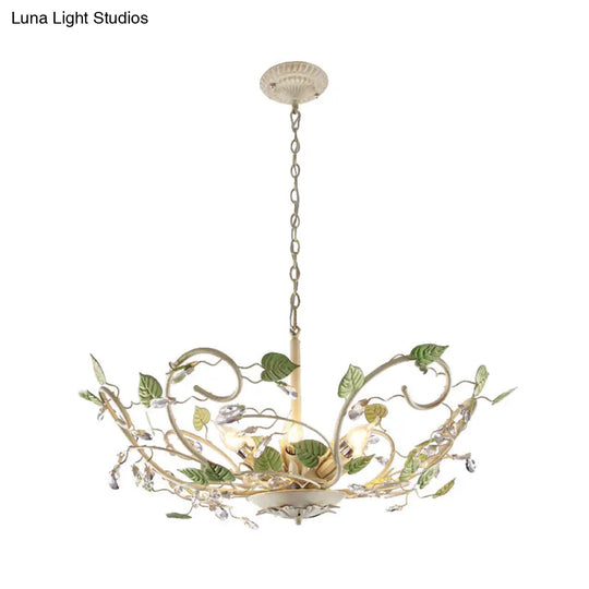Korean Garden Bowl 6-Light Ceiling Pendant: White Iron Chandelier With Crystal Decor