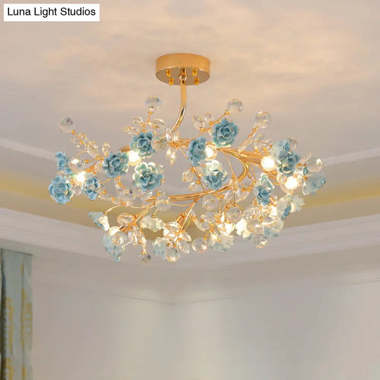 Korean Garden Ceramic Rose Ceiling Light With Crystal Accents