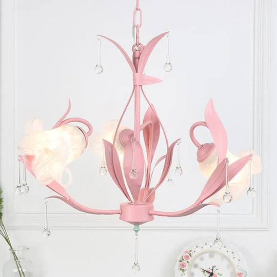Korean Garden Floral Ceiling Chandelier With Frosted Glass And Droplet Decor For Living Room