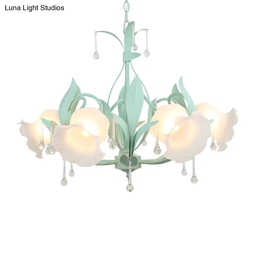 Korean Garden Floral Ceiling Chandelier With Frosted Glass And Droplet Decor For Living Room
