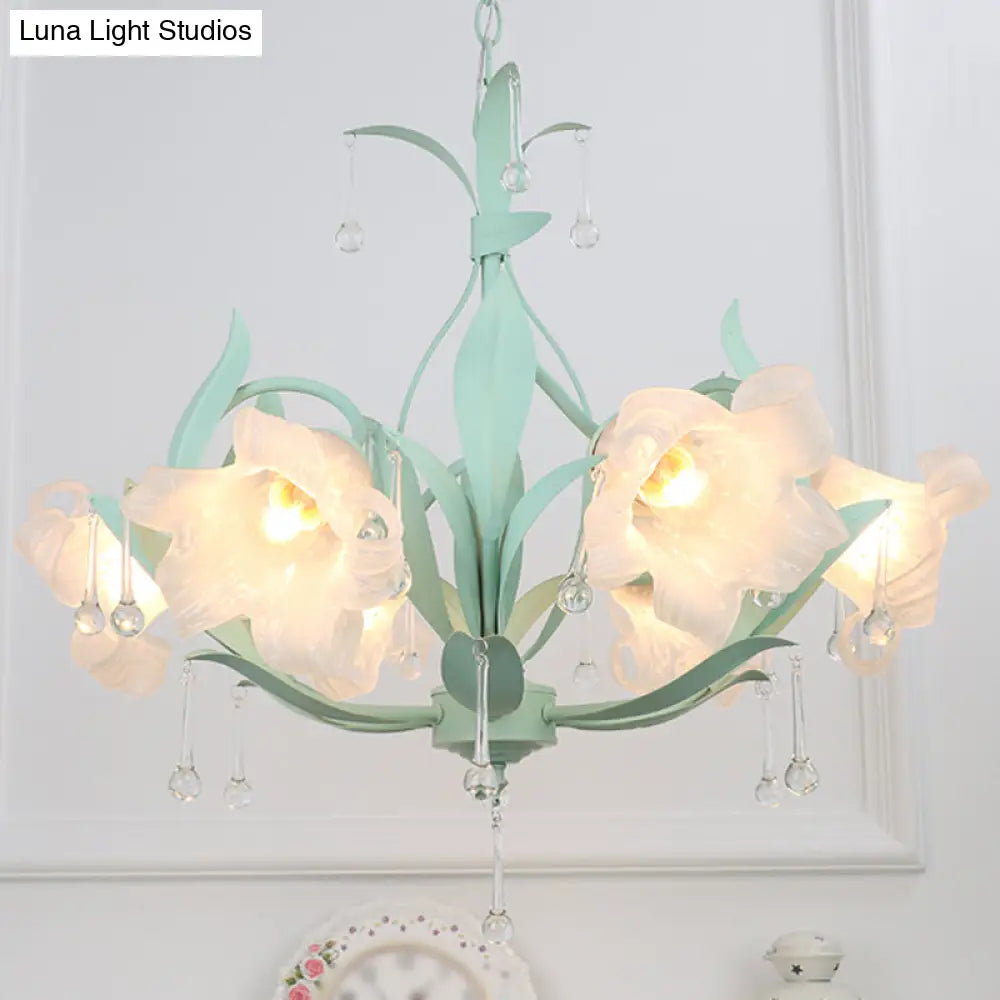 Korean Garden Floral Ceiling Chandelier With Frosted Glass And Droplet Decor For Living Room