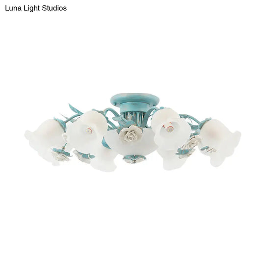 Korean Garden Floral Semi Flush Mount Light Fixture - Cream Glass 5/7/11 Lights Pink/Blue Bedroom