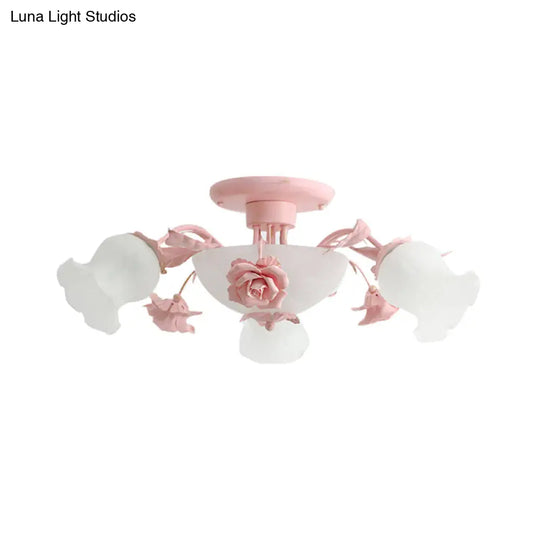 Korean Garden Floral Semi Flush Mount Light Fixture - Cream Glass 5/7/11 Lights Pink/Blue Bedroom