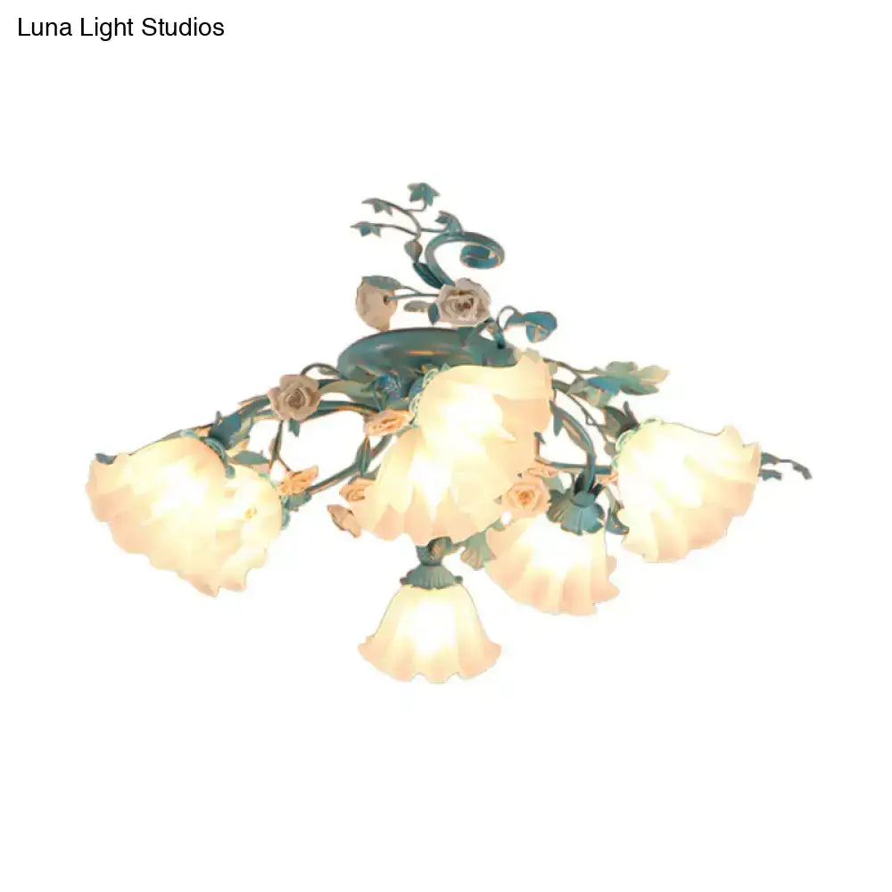 Korean Garden Flower Frosted Glass Semi Flush Mount Ceiling Light - 7/9 Lights White/Pink