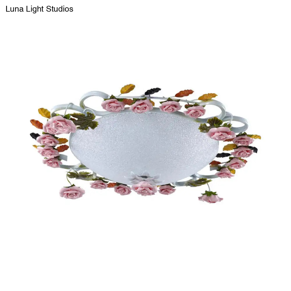 Korean Garden Led Flush Mount Ceiling Light With Pink Rose Accents - White Glass 23.5’/27.5’ Width