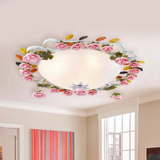 Korean Garden Led Flush Mount Ceiling Light With Pink Rose Accents - White Glass 23.5’/27.5’