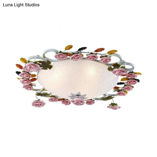 Korean Garden Led Flush Mount Ceiling Light With Pink Rose Accents - White Glass 23.5’/27.5’ Width