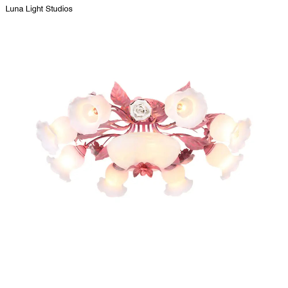 Korean Garden Opal Glass Semi - Flush Ceiling Light - Pink Blossom Design | Mounts Flush In