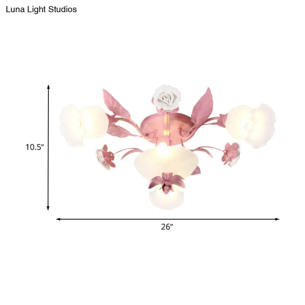 Korean Garden Opal Glass Semi-Flush Ceiling Light - Pink Blossom Design | Mounts Flush In