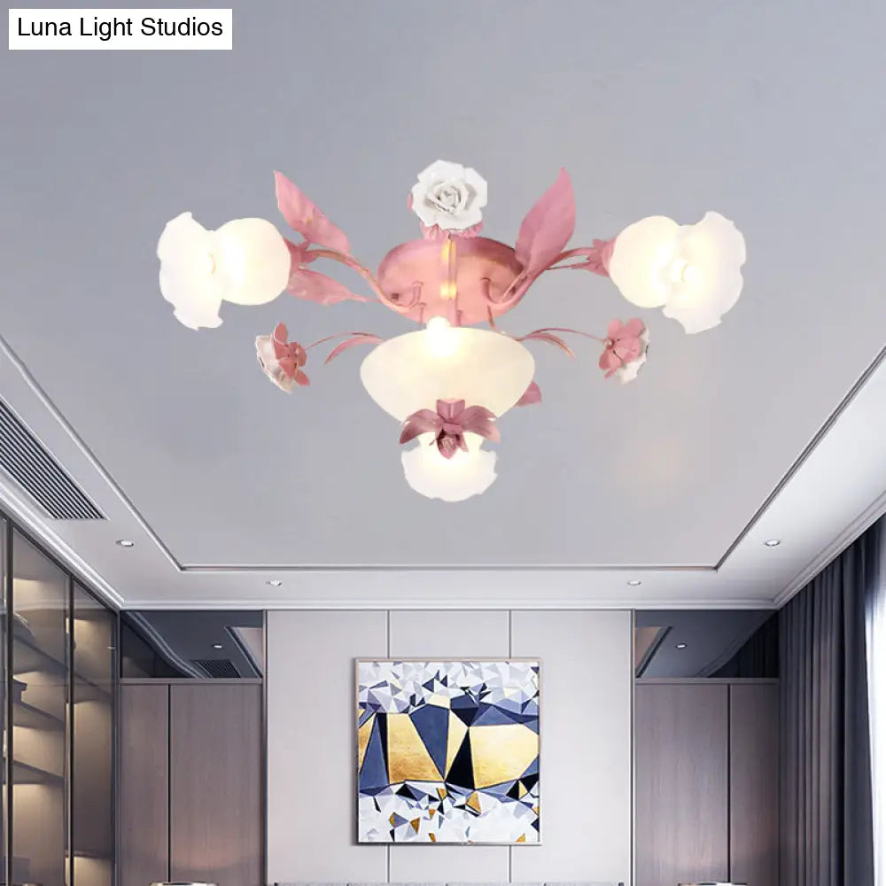 Korean Garden Opal Glass Semi - Flush Ceiling Light - Pink Blossom Design | Mounts Flush In