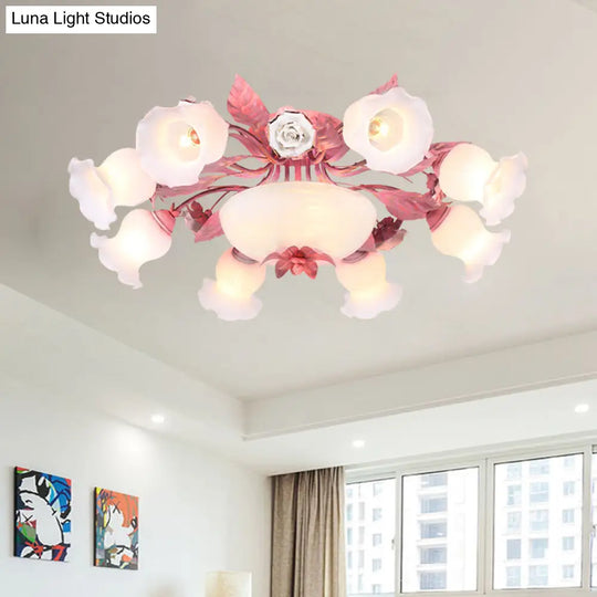Korean Garden Opal Glass Semi - Flush Ceiling Light - Pink Blossom Design | Mounts Flush In