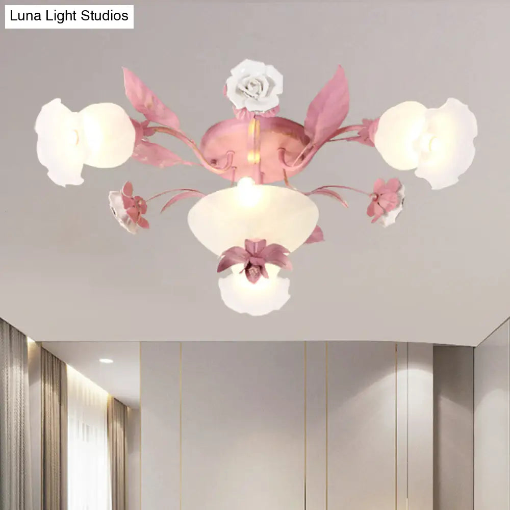 Korean Garden Opal Glass Semi-Flush Ceiling Light - Pink Blossom Design | Mounts Flush In