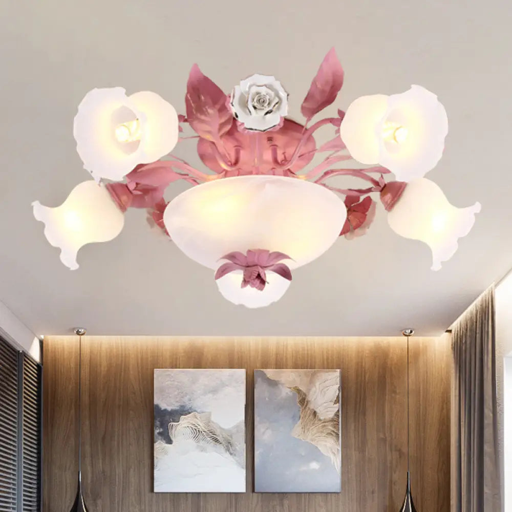 Korean Garden Opal Glass Semi - Flush Ceiling Light - Pink Blossom Design | Mounts Flush In
