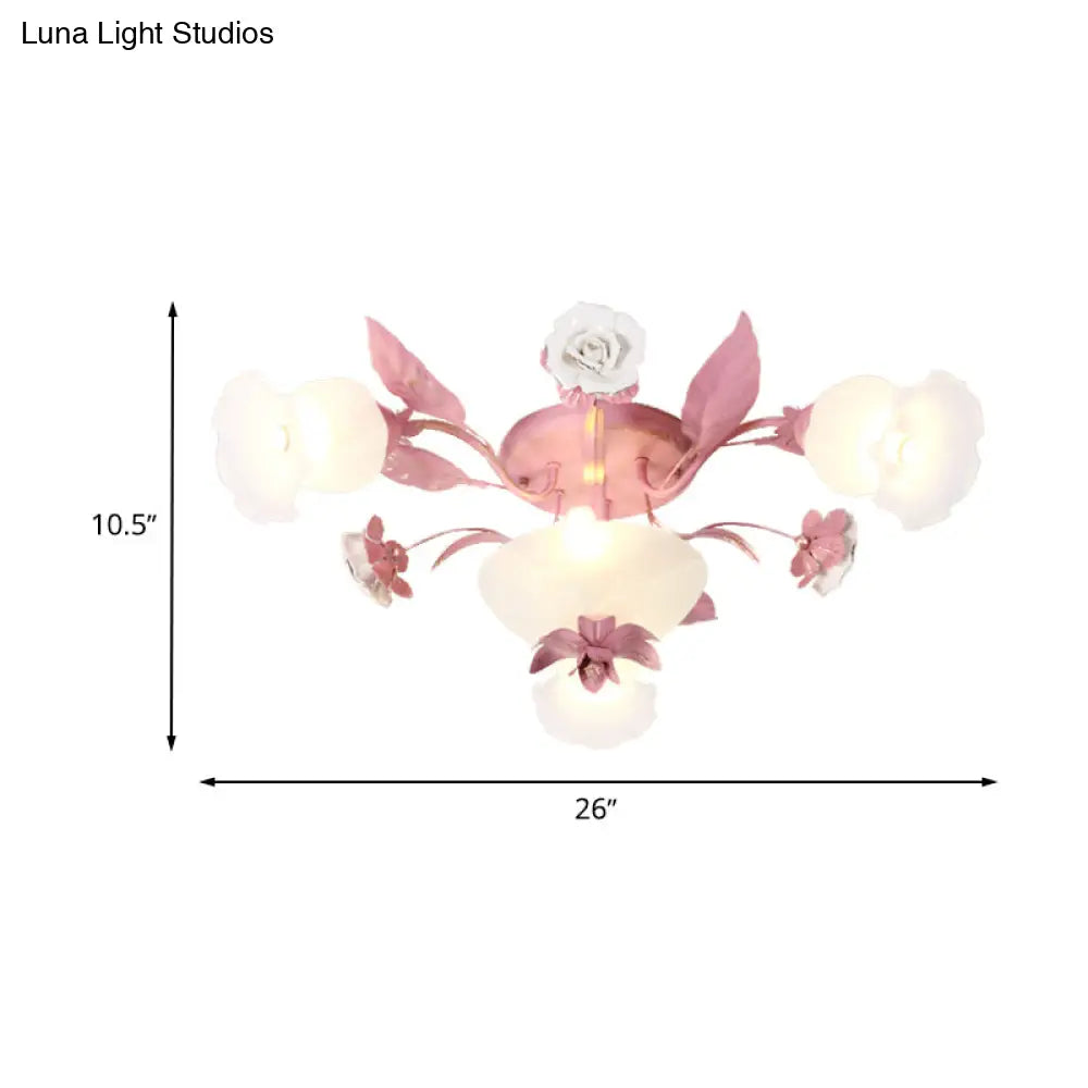 Korean Garden Opal Glass Semi - Flush Ceiling Light - Pink Blossom Design | Mounts Flush In