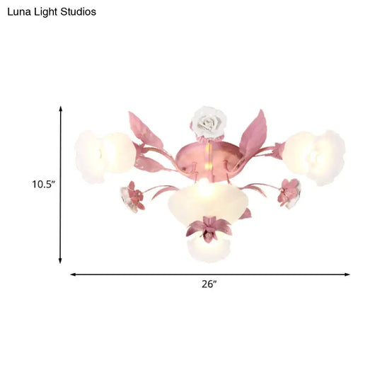 Korean Garden Opal Glass Semi - Flush Ceiling Light - Pink Blossom Design | Mounts Flush In