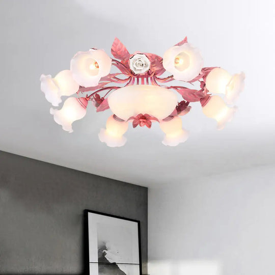 Korean Garden Opal Glass Semi - Flush Ceiling Light - Pink Blossom Design | Mounts Flush In