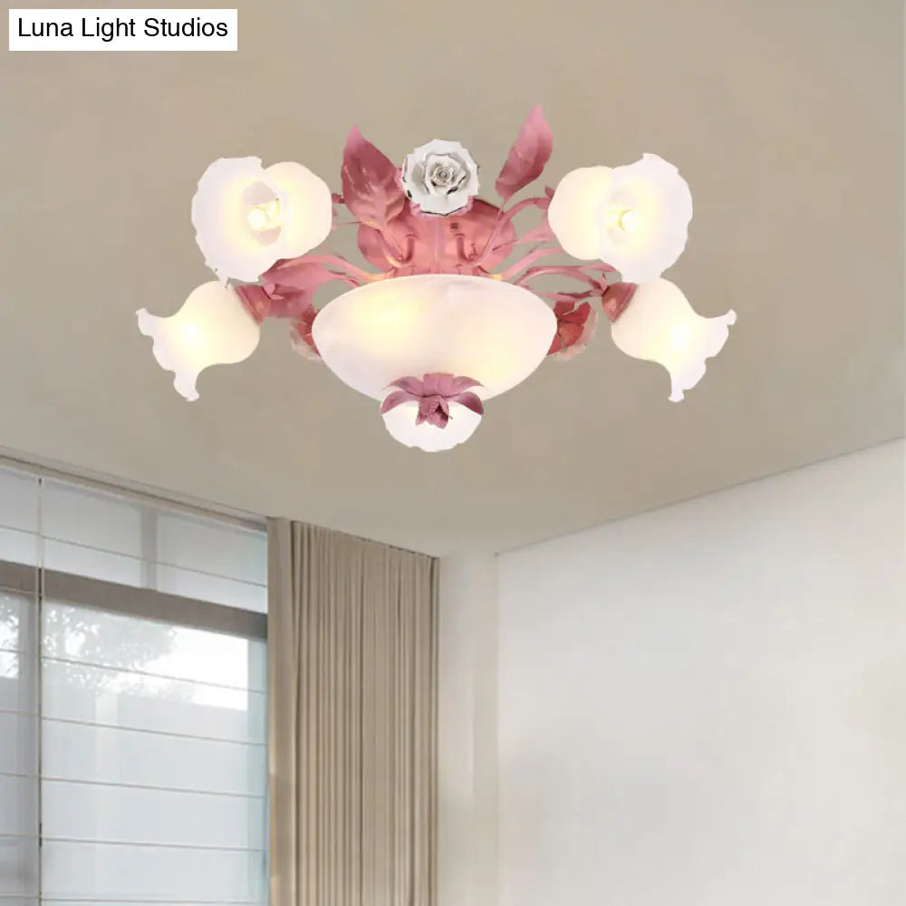 Korean Garden Opal Glass Semi - Flush Ceiling Light - Pink Blossom Design | Mounts Flush In