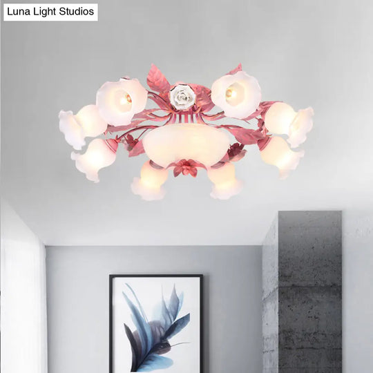 Korean Garden Opal Glass Semi - Flush Ceiling Light - Pink Blossom Design | Mounts Flush In