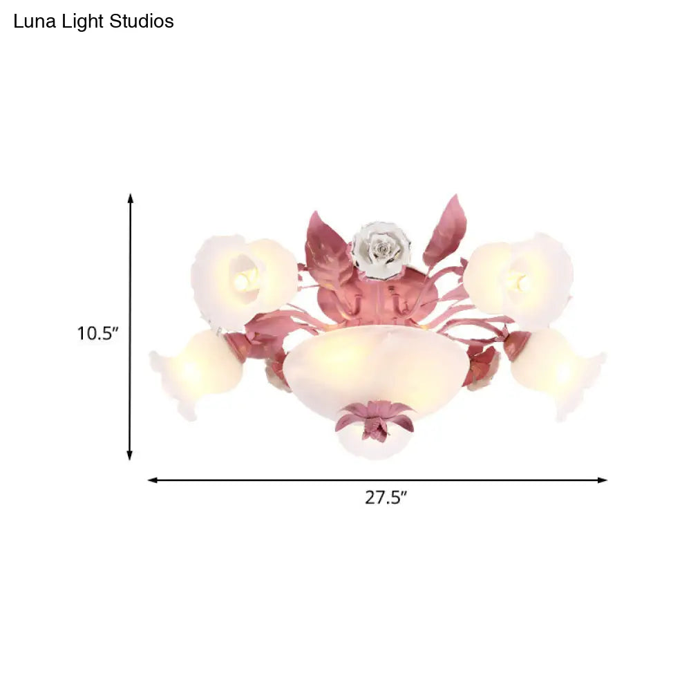 Korean Garden Opal Glass Semi-Flush Ceiling Light - Pink Blossom Design | Mounts Flush In